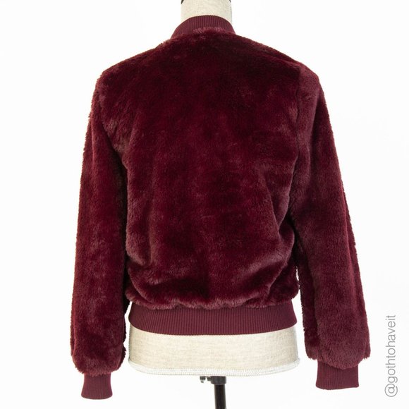 Love Tree Faux Fur Burgundy Bomber Jacket - Picture 3 of 6